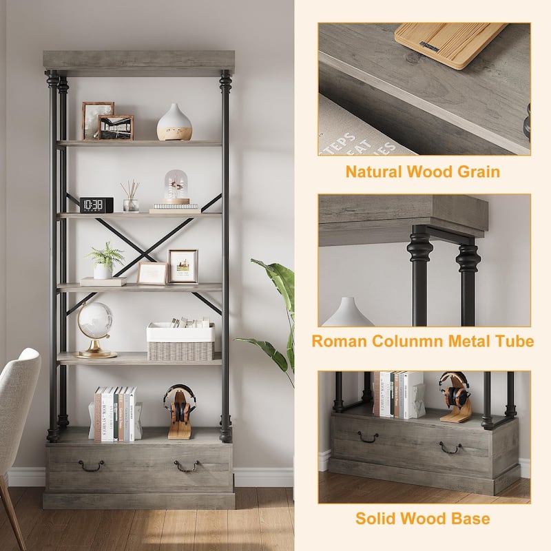 Bookshelf with Drawers,81.29" Tall, 5 - Tier Vintage Bookcase, Metal - Frame Shelf