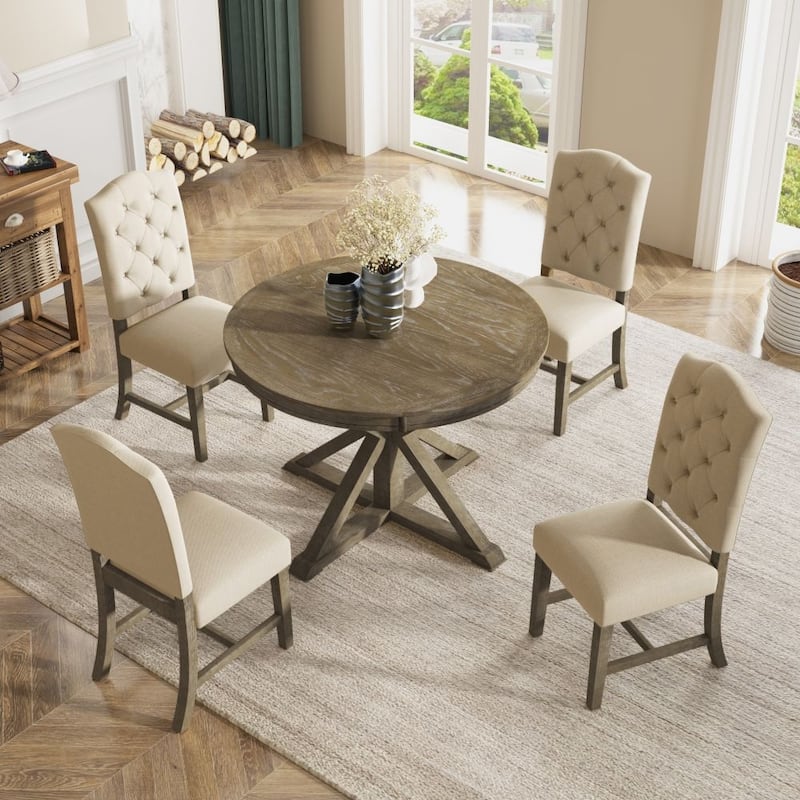 Functional Furniture Retro Style Dining Table Set with Extendable Table and 4 Upholstered Chairs