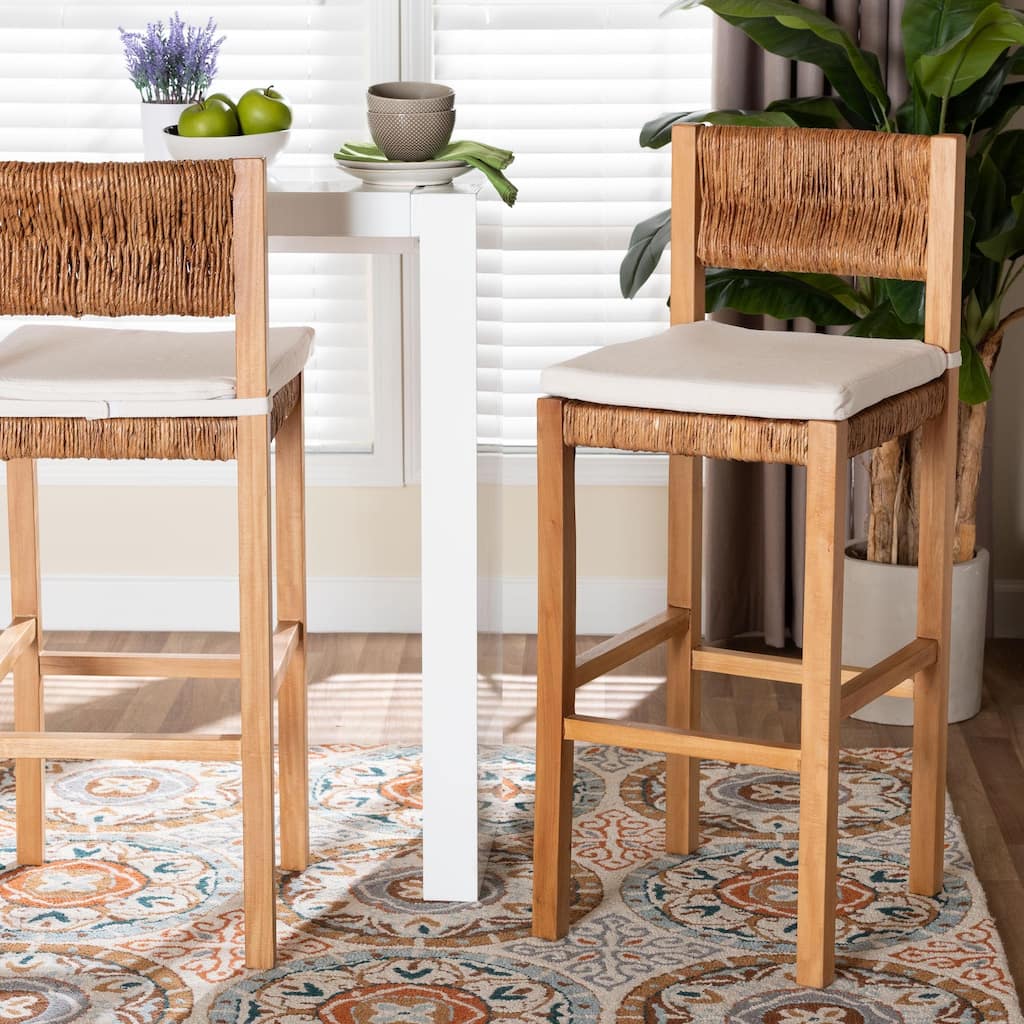 Pava Woven Seagrass Bar Stool - Solid Mahogany Wood Stool with Textured Back, Coastal Boho Seating for Kitchen or Lounge