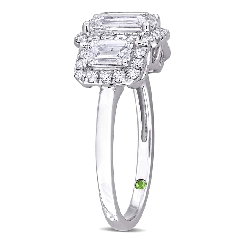 3ct TDW Emerald-Cut Lab-Grown Diamond and Tsavorite Accent 3-Stone Ring in 14k White Gold