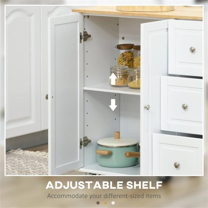 White Kitchen Island Cart with Drop Leaf and Rolling Wheels Drawers and Adjustable Shelf - 45.25" W x 25.25" D x 36" H