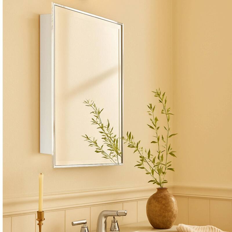 TEHOME Velin Recessed and Surface Mount Bathroom Medicine Cabinet with Mirror Square Cornered Metal Framed Rounded Rectangle - 17.5" x 29" - Polished Nickel