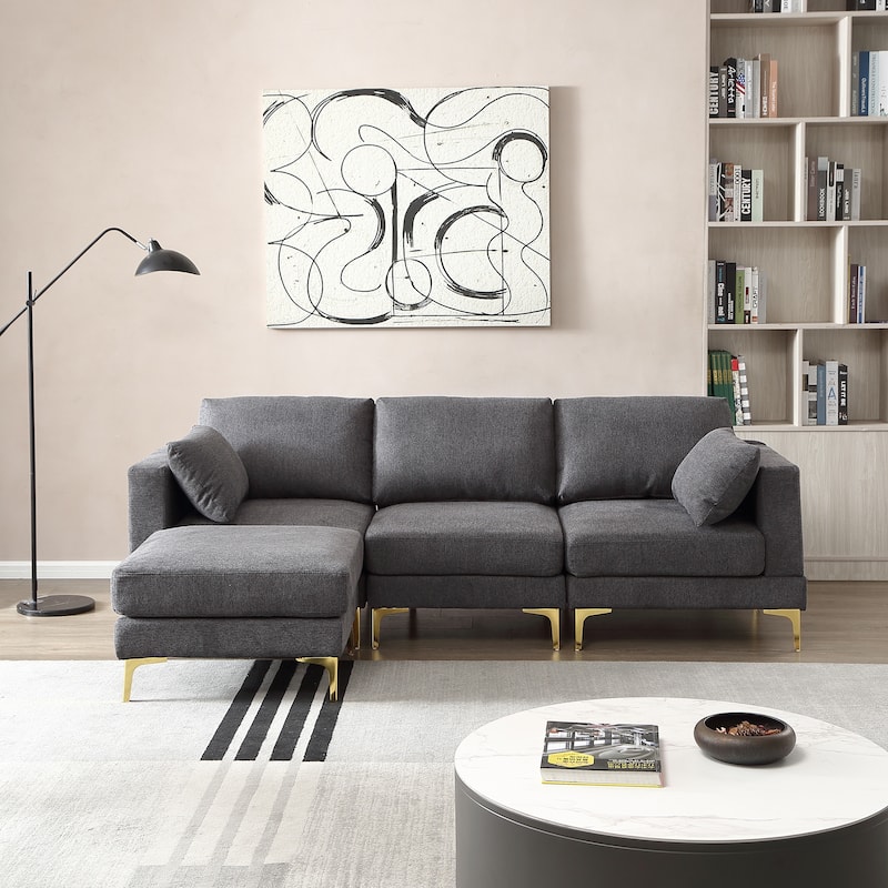 92'' Fabric L-Shape 3-Seater Sofa with Ottoman, Gold Metal Legs, and Toss Pillows