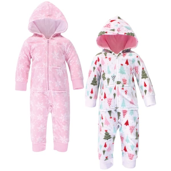 slide 1 of 1, Hudson Baby Infant Girl Fleece Jumpsuits, Coveralls, and Playsuits 2pk, Sparkle Trees 0 - 3 Months - Pink