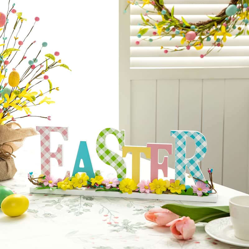 Glitzhome Wooden EASTER HOP Happy Easter with Artificial Rattan Table Sign Decor Centerpiece