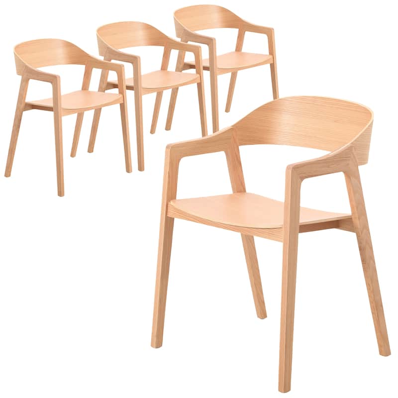 Dining Chair in Oak Wood with Open Back Design and Armrests Set of 4 Rivo Series - Natural