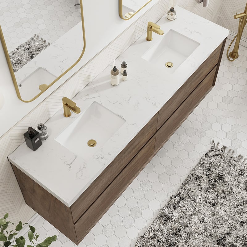 Sylphar 72 inch Bathroom Vanity with Sink, Floating Oak Cabinet with Stone Top