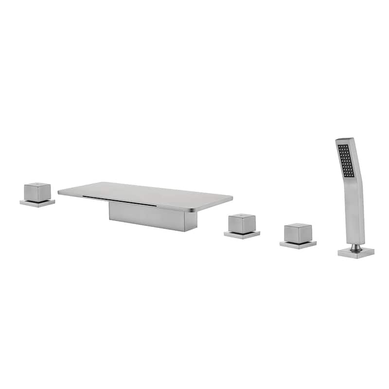 Deck Mount Waterfall Tub Faucet With Handheld Shower Brass Roman Bathtub Faucet Modern Tub Filler With Hnad Sprayer - Brushed Nickel