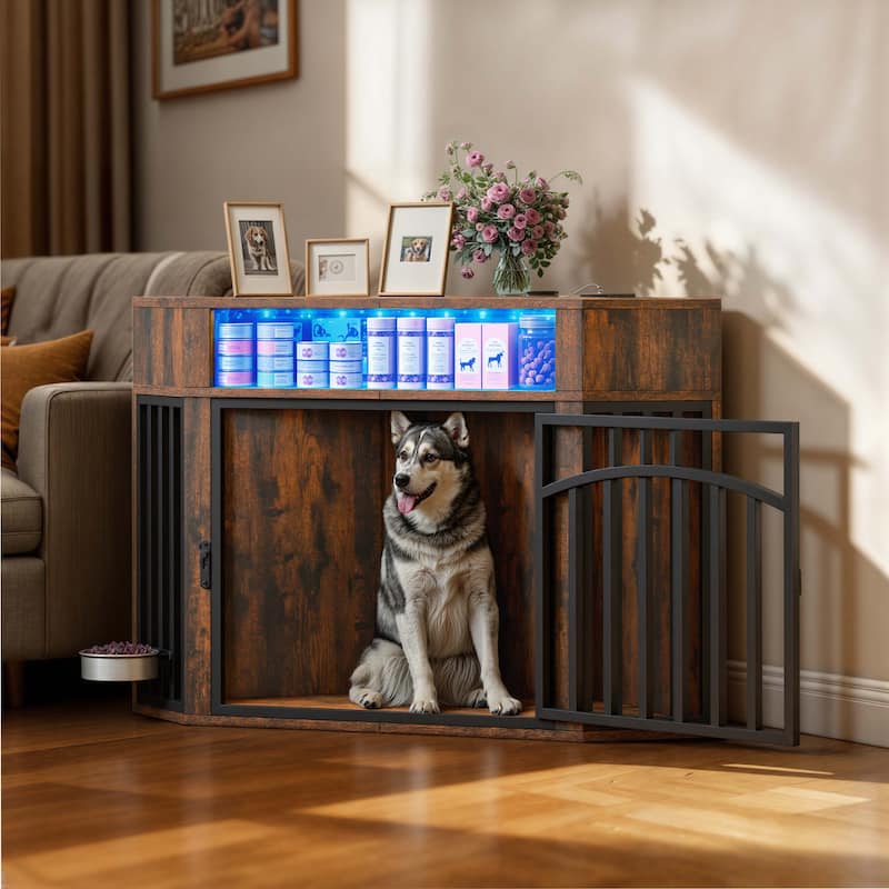 Moasis 52" Corner Dog Crate Furniture, End Table Cage for Large Dogs