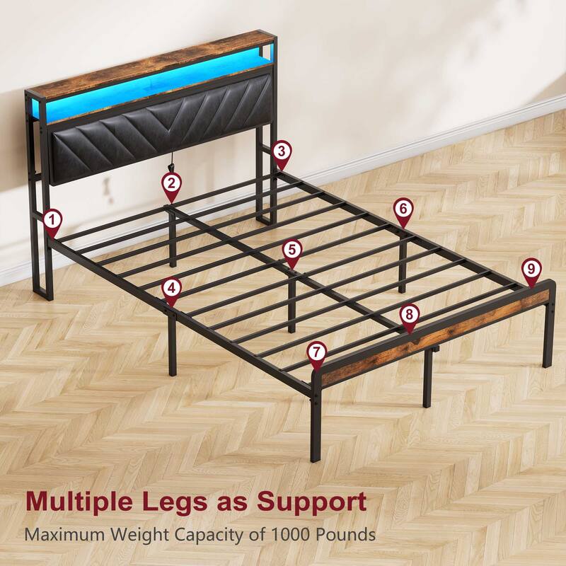 Full Size Metal Platform Bed with Adjustable Upholstered Headboard, LED Lights, and Charging Station