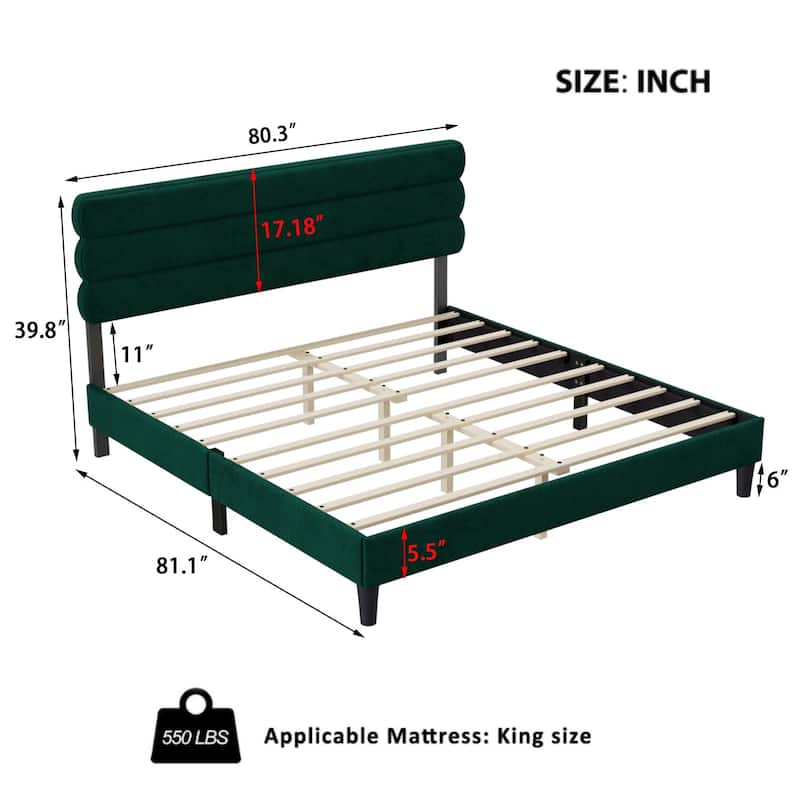 King Size Velvet Upholstered Platform Bed Frame with Headboard, Slats ...