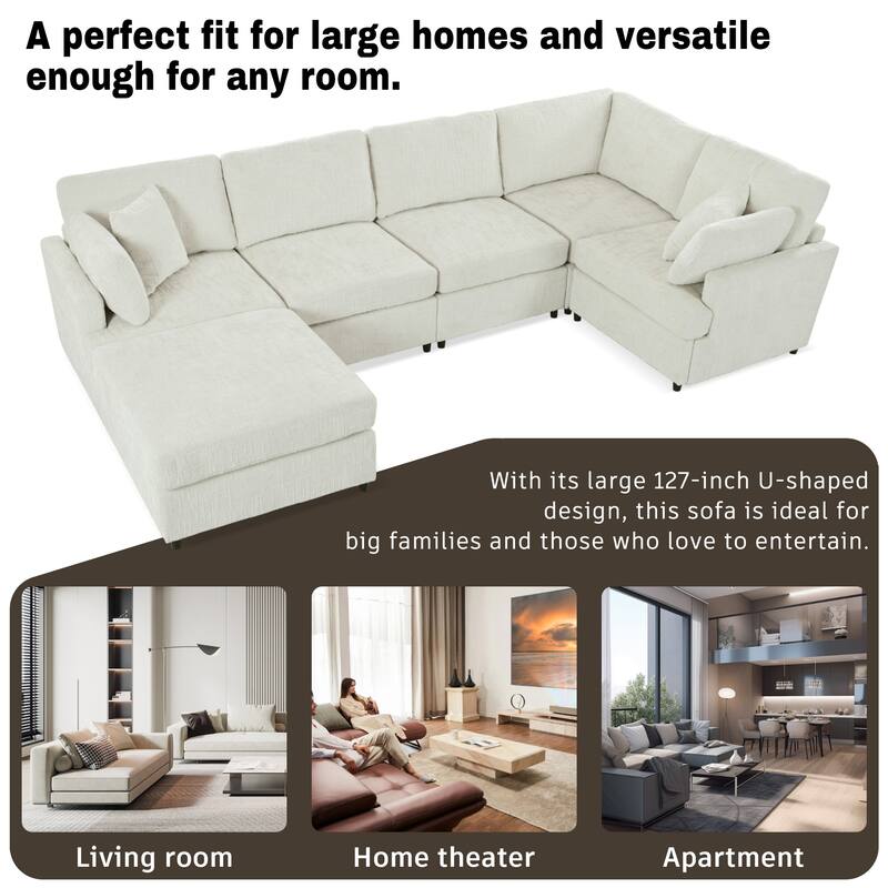 127" U-Shaped Modular Sectional Sofa with Movable Ottoman, 6-Piece Chenille Couch Set with Pine Wood Frame for Living Room