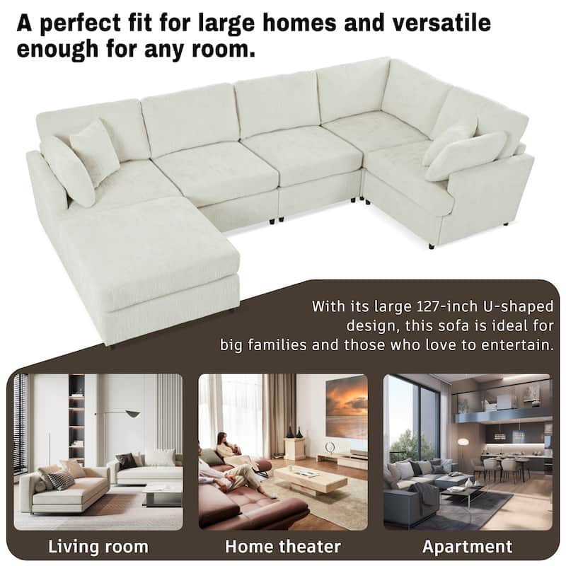 127 Inch U-Shaped Sectional Sofa with Movable Ottoman, 6-Piece Chenille Fabric Modular Couch with Pine Wood Frame