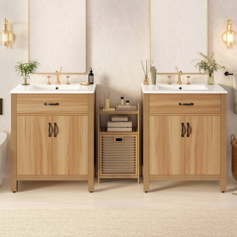 GDFStudio - Barro Transitional Freestanding Bathroom Vanity Cabinet Set with Double Ceramic Sink & Soft Close Storages, Set of 2