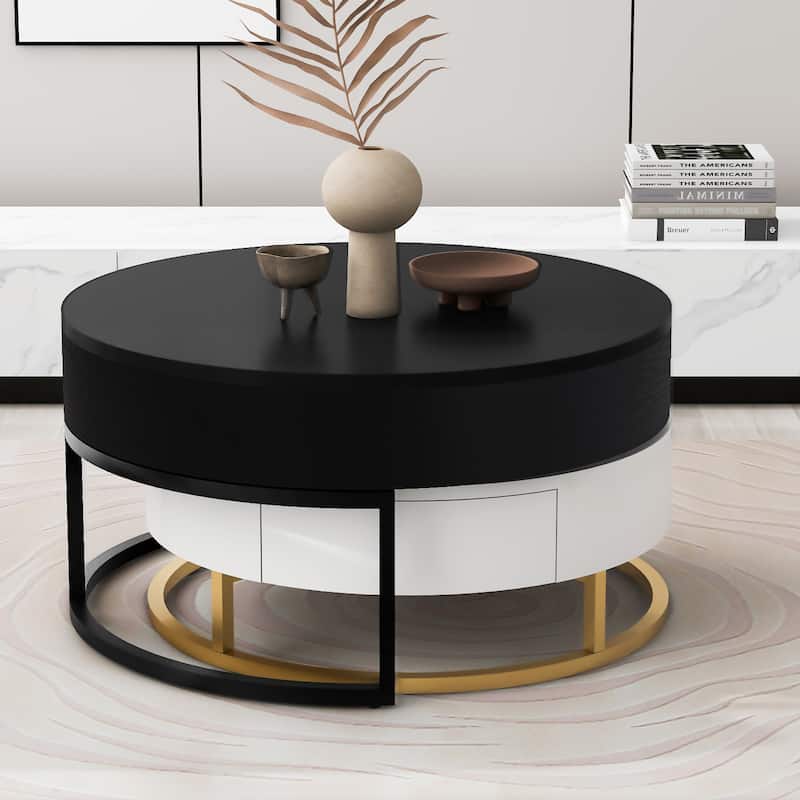 Round Lift-top Nesting Coffee Table w/ 2 Drawer & Metal Frame, Modern Nesting Table Set of 2, Luxury Accent Side Table End Table