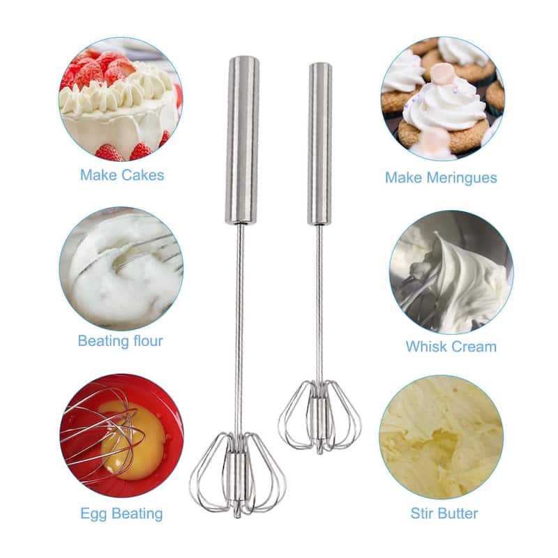 2pcs Hand Push Egg Whisk Stainless Steel Mixer Whisking Blending Stirring - Silver