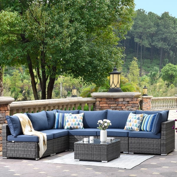 slide 2 of 47, OVIOS 7-Piece Low Profile Deep Seat Wicker Outdoor Patio Furniture Set Denim Blue