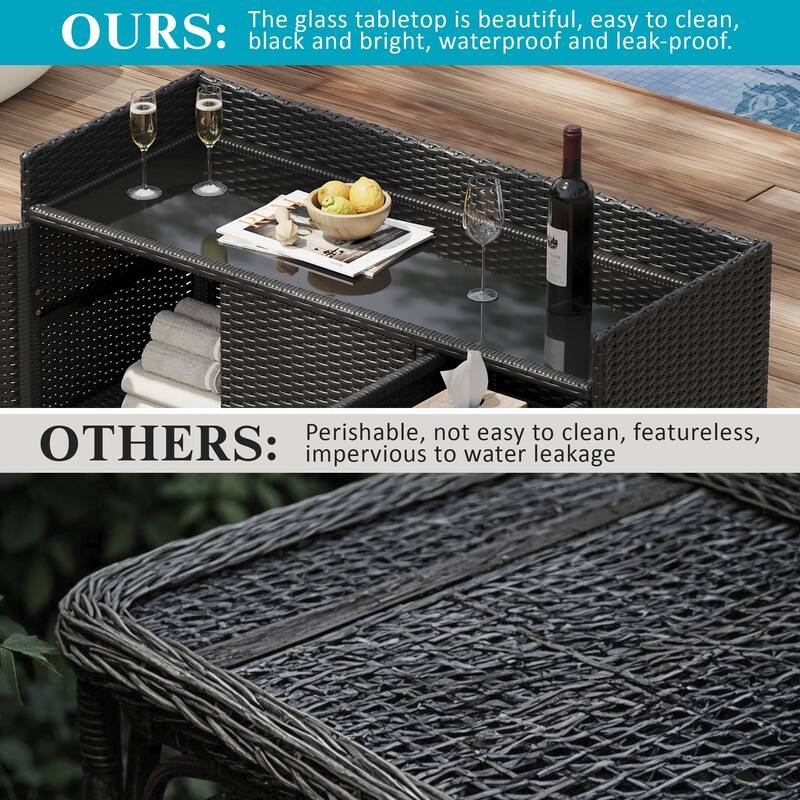 47.5"W Wicker Outdoor Storage Cabinet with Glass Desktop, Weather-proof Rattan Bar Table with Three Doors, Adjustable Shelf
