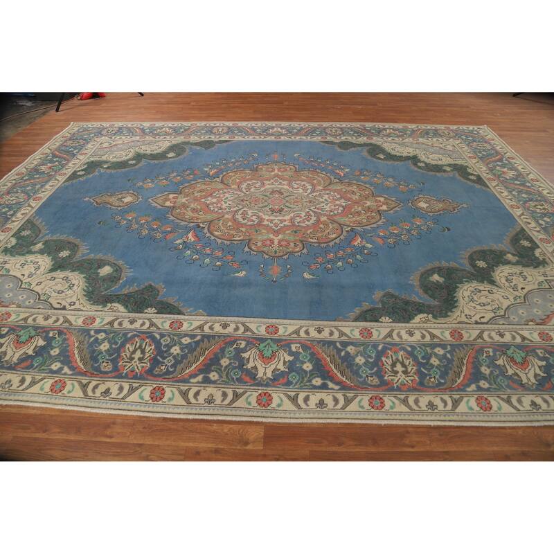 Blue Tabriz Persian Vintage Rug Handmade Wool Carpet - 9'7" x 13'0"