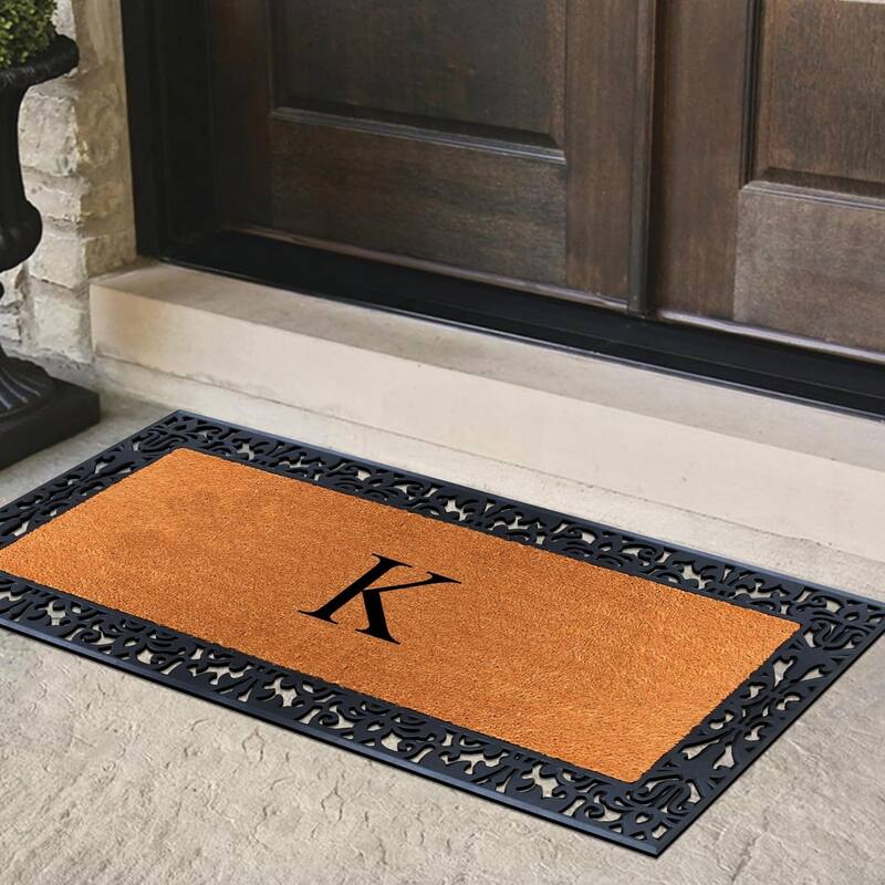 A1HC Rubber and Coir Paisley Border Heavy Duty Non-Slip Durable Double Door Monogrammed Doormat 30"X60", Black