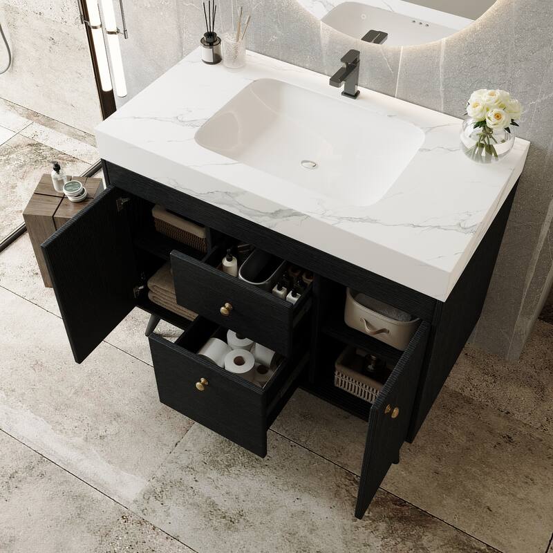 36" Modern Freestanding Bathroom Vanity with Sintered Stone Top, Ceramic Sink & Smart Storage