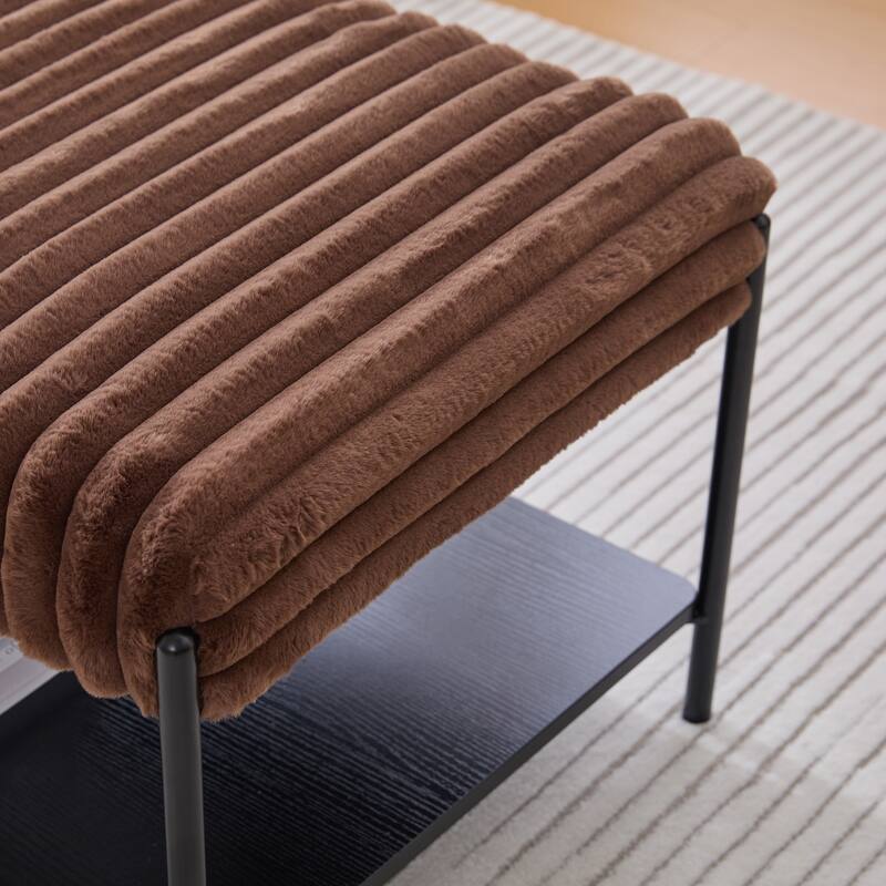 30.7"Wide Upholstered Ottoman Coffee Table Foot Rest with Black Metal Legs,Footstool with Wooden Open Storage Shelf