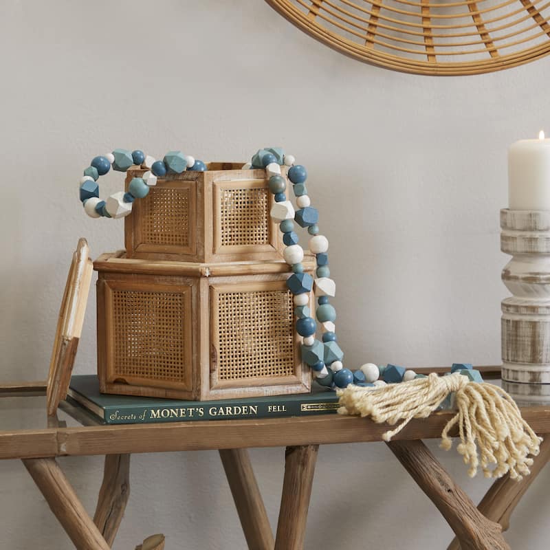 Mango Wood Handmade Hexagon Carved Geometric Long Beaded Garland with Tassel - Roche River Decor