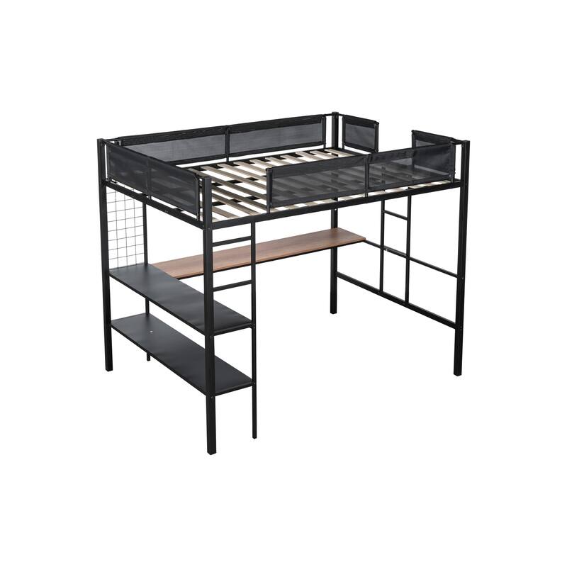 Metal Full Size Loft Bed with Desk and Shelves