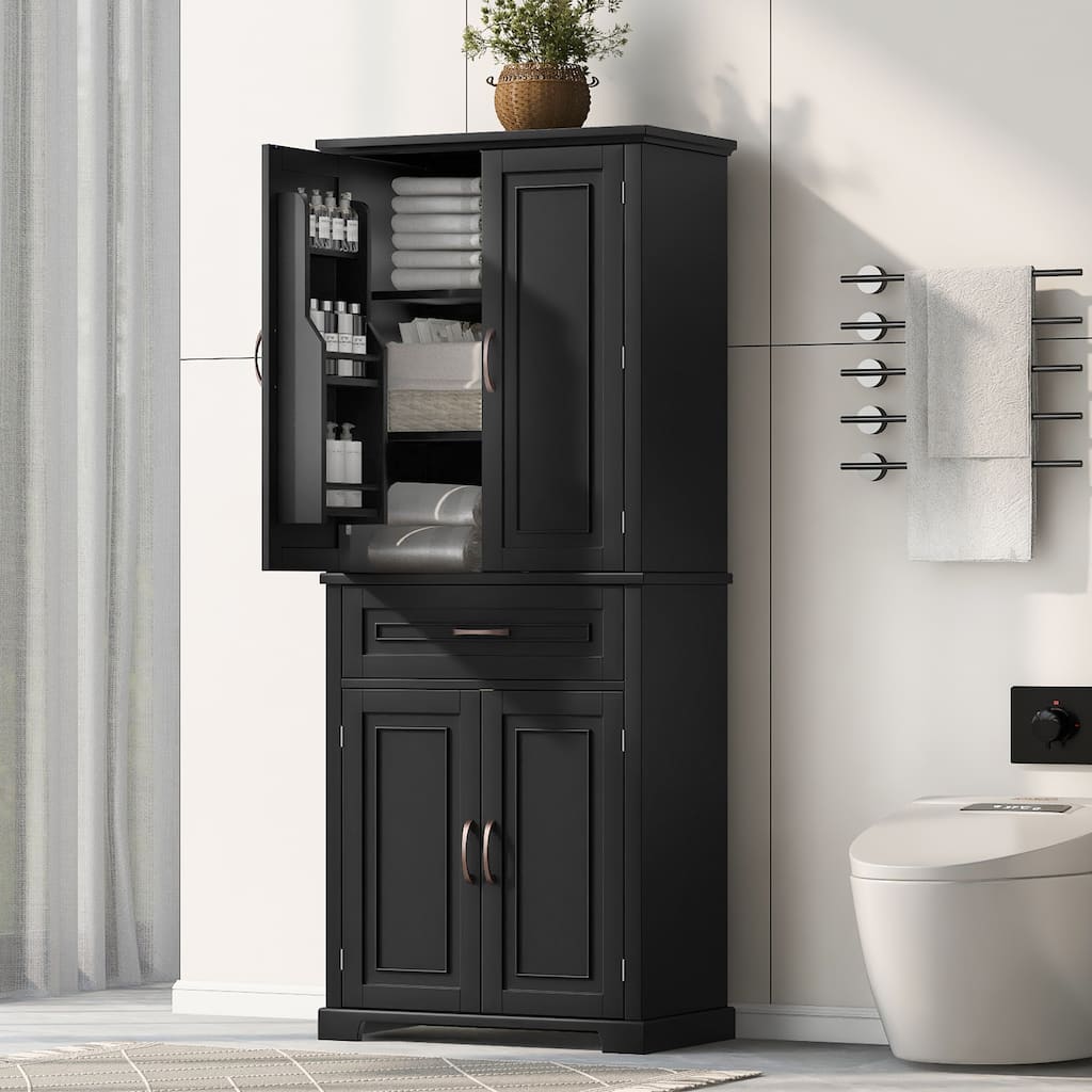 Bathroom Storage Cabinet with Doors and Drawer, Multiple Storage Space, Adjustable Shelf, Black