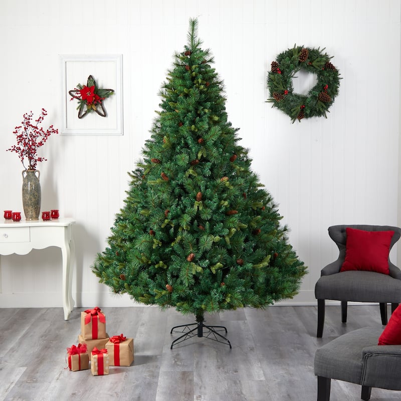 8ft. Full Bodied Mixed Pine Artificial Christmas Tree with 700 Clear LED Lights & Pine Cones - Towering Holiday X-Mas Tree
