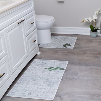 Toilet Mat Set - 2-Piece Designer Print Bathroom Contour Rugs Combo - Non Slip, Soft Cotton & Absorbent Floor Carpets