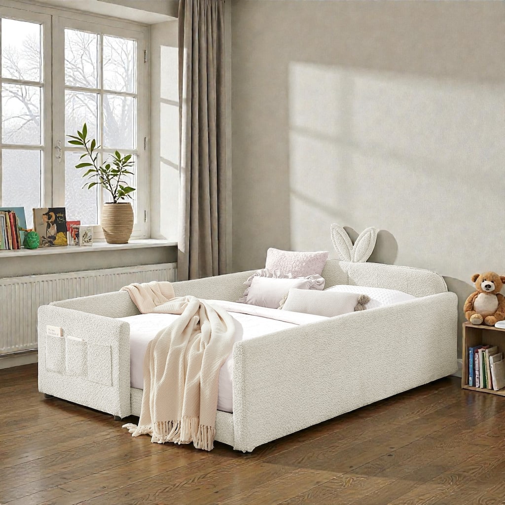Full Size Upholstered Platform Bed with Rabbit Ear Headboard, Boucle Fabric Kids Bed with Safety Rail and Pocket