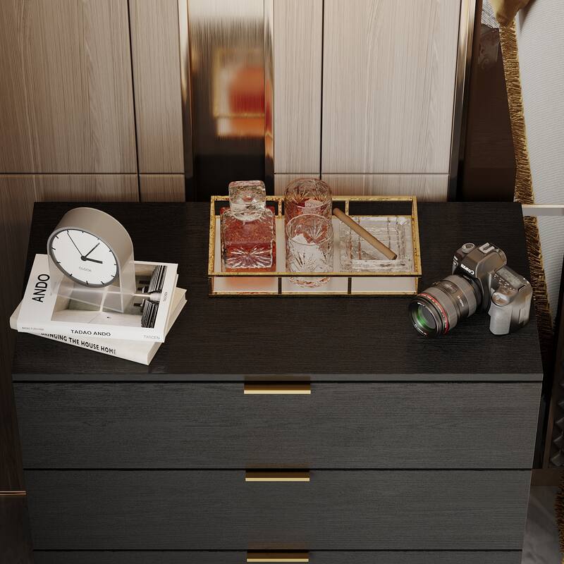 31.5"W x 29.7"H Wooden Nightstand with 3 Drawer End Table Black Chest