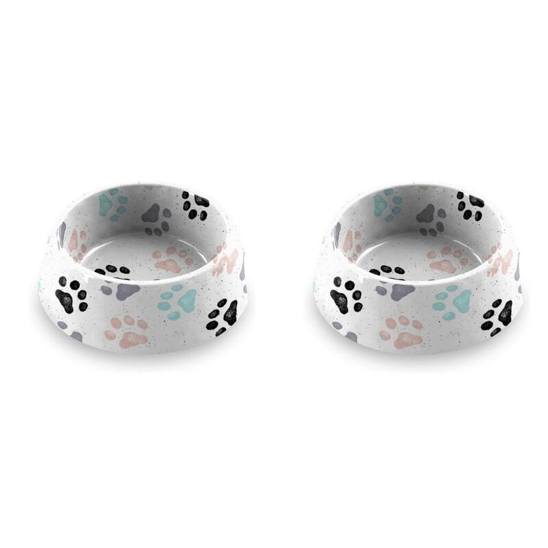 Abode Homewares Retro Paw Print Melamine Pet Bowl - White - Set of 2 - Medium