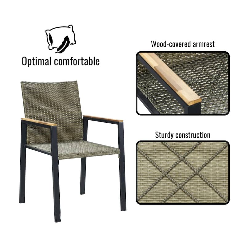 7-Piece Outdoor Patio Rattan Dining Set with Stackable Chairs, 59" Acacia Wood Table Top with Umbrella Hole
