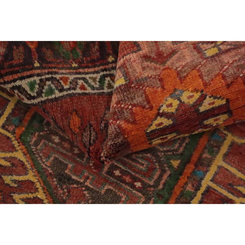 Hand Knotted Oriental 100% Wool Carpet Traditional Geometric Oranges & Rust Heriz Runner Rug - 10' 7'' X 3' 1''