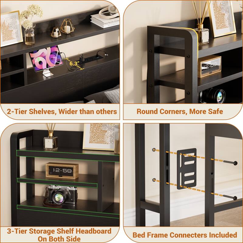 Storage Headboard with USB Port and Power Outlet, Head Board with LED Light for Bed Frame