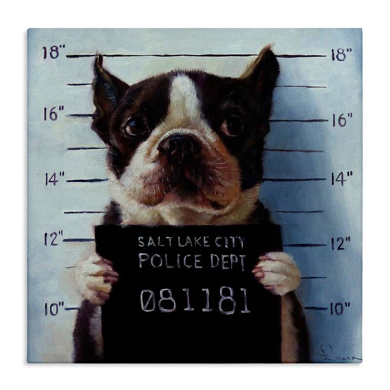 Stupell Funny Boston Terrier Dog Jail Convicted Police Canvas Wall Art - Blue - 24 x 24