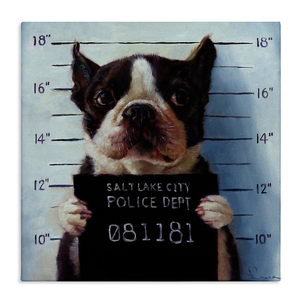 Stupell Funny Boston Terrier Dog Jail Convicted Police Canvas Wall Art - Blue