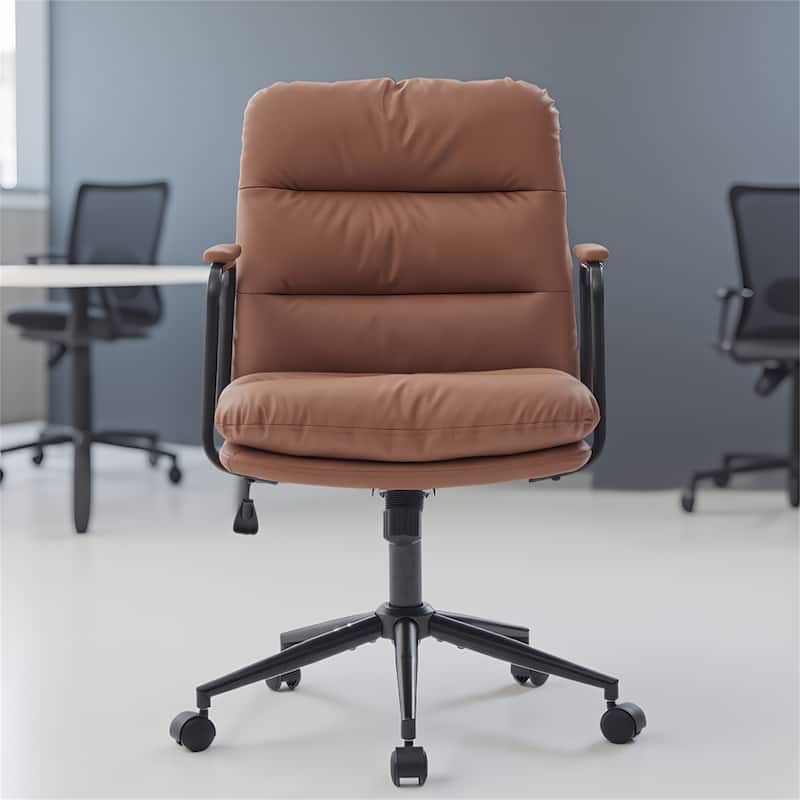 Mid Back Ergonomic Office Chair, PU Leather Swivel Desk Chair - Brown