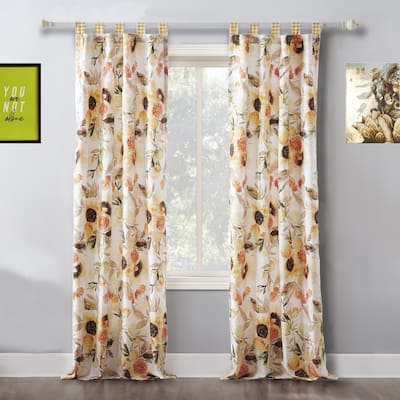 Kelsa Set of 2 Panel Curtains with Watercolor Sunflowers, Ruffled, Gold