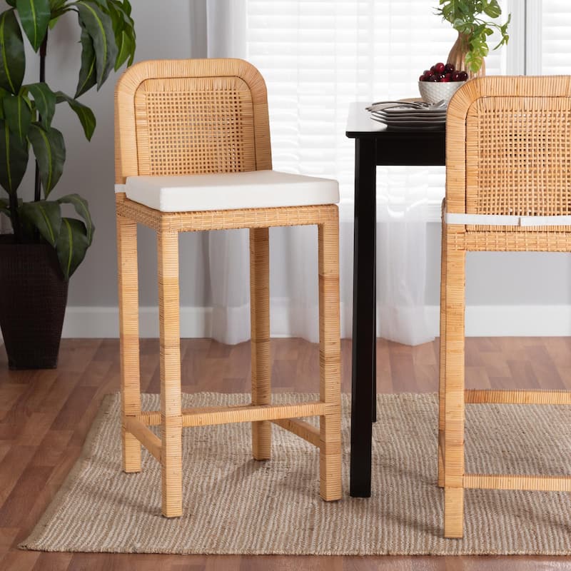 Zariah Modern Bohemian Natural Brown Rattan and Mahogany Wood Bar Stool