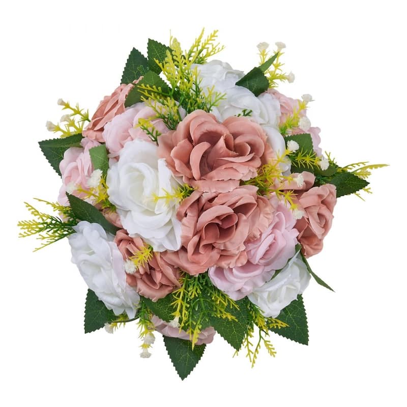 White-Pink Silk Flower Balls Set of 10 with Plastic Stem Bases - 9.4 x 9.4 x 4.7 inch