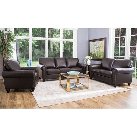 Abbyson London Brown Top Grain Leather 3 Piece Living Room Sofa Set