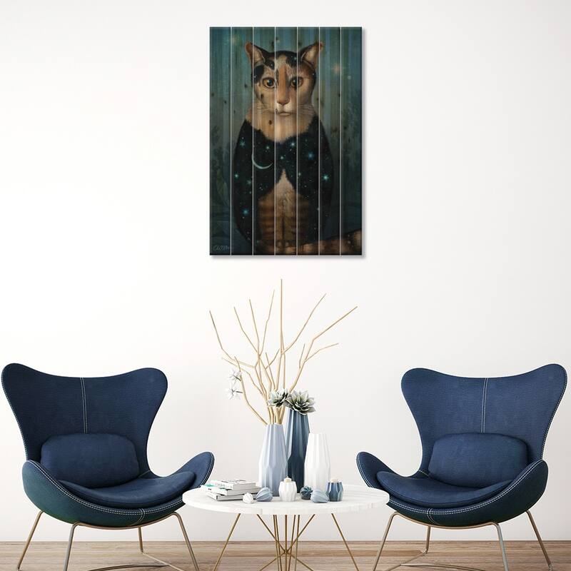 Midnight Cat Print On Wood by Catrin Welz-Stein - Multi-Color