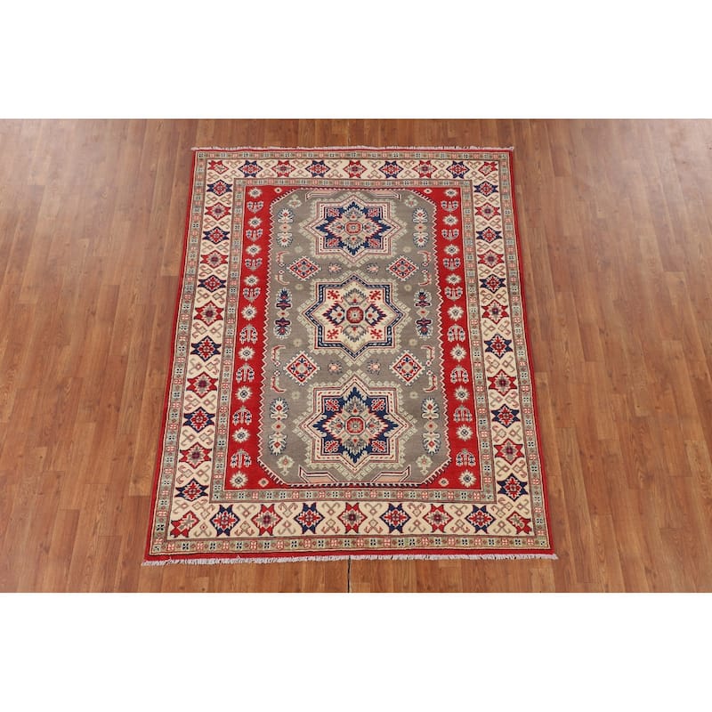 Geometric Kazak Oriental Area Rug Handmade Grey Wool Carpet - 5'0" x 6'6"