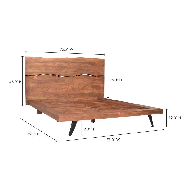NADAAL STUDIOS Sterling Brown Solid Acacia Queen Platform Bed with Organic Edge Headboard and Steel Legs