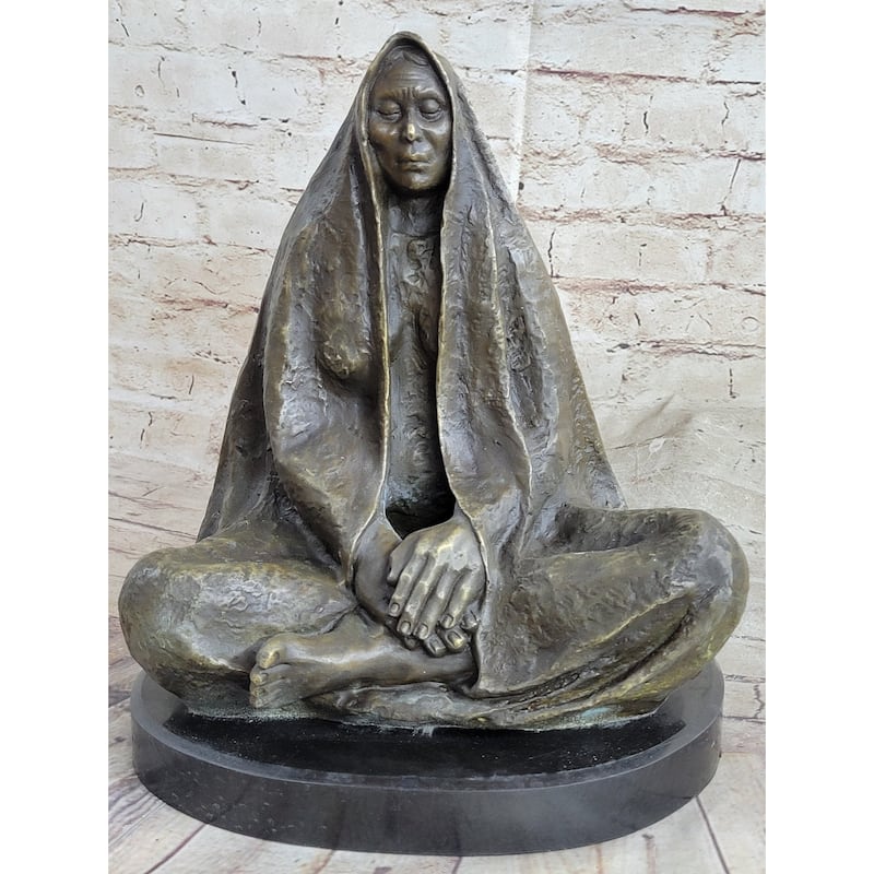 Native American Indian Shaman Medicine Man Sitting Cross Legged Bronze Statue Sculpture