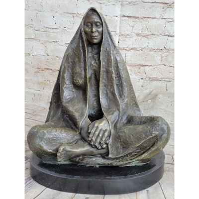 Native American Indian Shaman Medicine Man Sitting Cross Legged Bronze Statue Sculpture