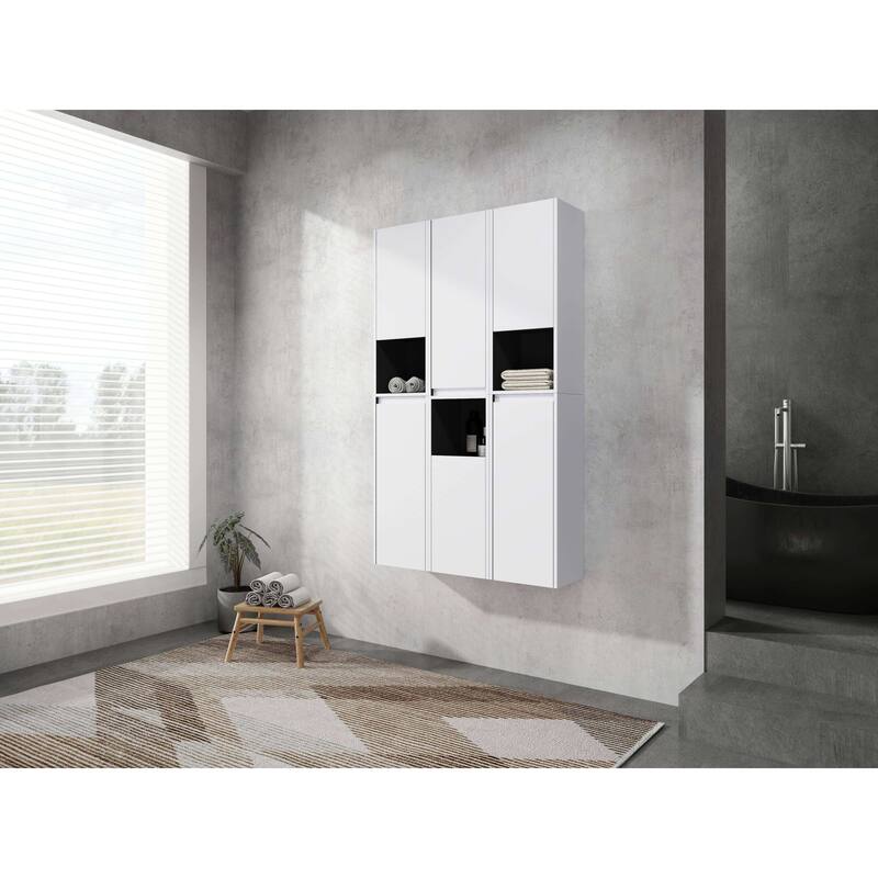 Modern Wall-Mounted Bathroom Side Cabinet with Soft-Close Doors, Floating Design, 6 Storage Compartments, 12-Inch Width